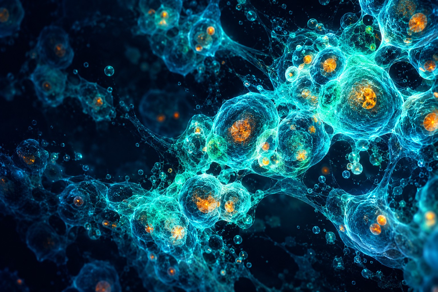 Artistic interpretation of fluorescent cell clusters in teal and orange